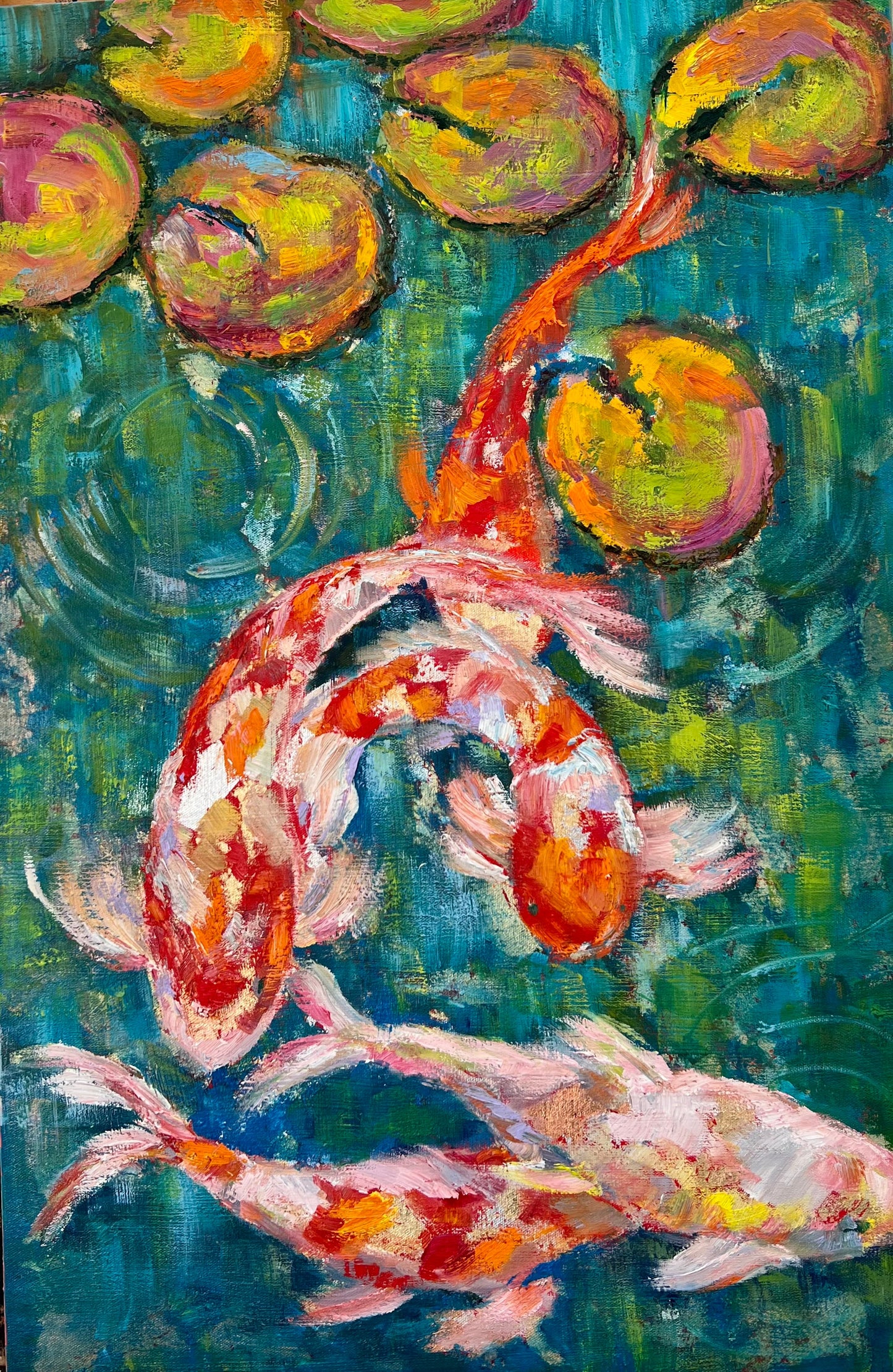 In a Peaceful Place, Ripples Fan out on A Lily Pond, Colourful Koi Play